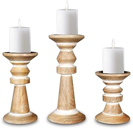 Lightnpro Wooden Pillar Candle Holders Set of 3 - Decorative Vintage Rustic Farmhouse Style Wooden Candle Stands for Home Décor, Gift, Wedding & Everyday Use - White Wash - 10", 8", 6" - Image 4
