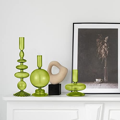 Rtteri 3 Pcs Iridescent Glass Candlestick Holders Taper Candle, Green - Image 3
