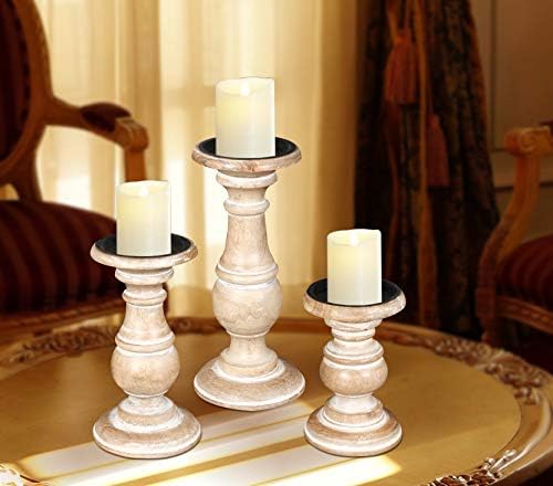 White Wash Candle Holder Set of 3 – 10", 8", 6" Rustic Pillar Stands – Turned Wood Columns for Home Decor, Weddings, Spa, Parties – Country Farmhouse Style by TheWoodenTown