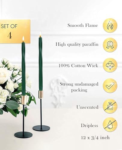 Tall Taper Candles Spiral Taper Candles Candlestick Unscented Christmas Party Gift Winter Holiday Dinner Table Decorations,12 inch,Set of 4,G,Drak Green - Image 3