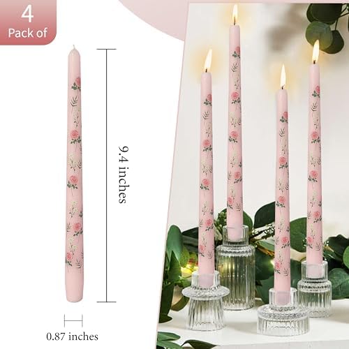 Rose Printed Taper Candle Smokeless- 4 Pack Handmade Pink Taper Candle - Dripless Uncented Candle 10 inches Long Flower Printed Tapered Candles for Mother's Day Home Wedding Restaurant Holiday Decor - Image 4