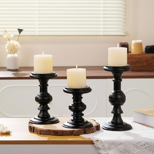 Set of 3 Rustic Black Wood Pillar Candle Holder - Image 6