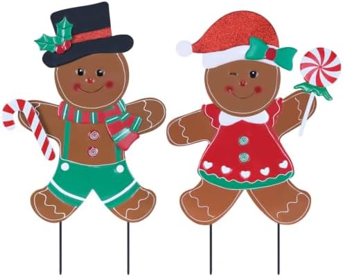 Christmas Decorations Outdoor, Set of 2 Metal Christmas Gingerbread Boy & Girl Decorative Garden Stakes, Gingerbread Man with Candy for Outside Garden Yard Lawn Porch Xmas Holiday Decor by HOGARDECK