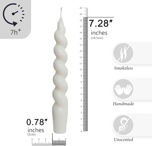 7.5 Inches Spiral Taper Candles Colorful Twisted Candle Dripless Long Candles, Handmade Candlesticks for Wedding Dinner Decor, Set of 4(White) - Image 2