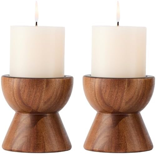 Set of 2 Rustic Acacia Wood Candle Holders for Pillar Candles by THORNIA
