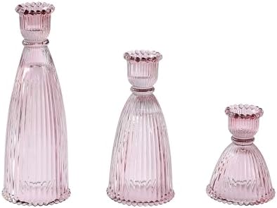 Vertical Stripe Candlestick Holders Set of 3, Premium Glass Candle Holders for Candlesticks and Taper Candles, Vintage Candle Holder Decor for Table Centerpiece, Pink - Image 2