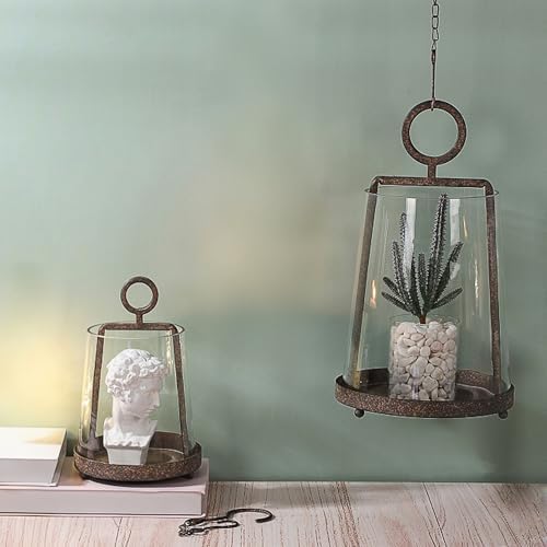 9" & 6" Wide Modern Farmhouse Metal Hurricane Candle Holder with Handmade Sturdy Glass Sleeve in Rusty Brown for Pillar Candle & Plants, Glass Hurricane Lantern, Industrial, Minimalistic - Image 5