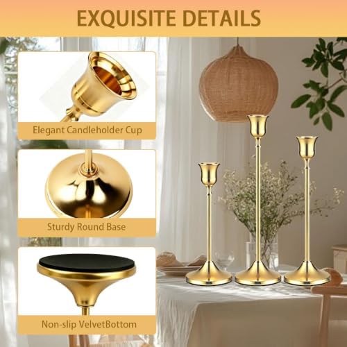 12 Pack (4 Sets) Gold Candlestick Holders, Candle Holders for Candlesticks with Anti-Slip Pad, Taper Candle Holders Bulk in 3 Heights for Christmas Table Wedding Home Decor and Party - Image 5