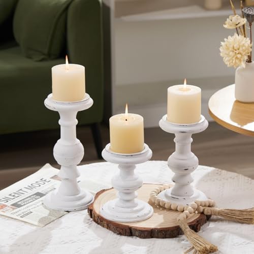 Set of 3 Rustic White Wood Pillar Candle Holder - Image 7