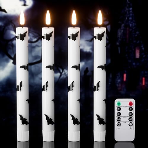 Halloween Flameless Taper Candles with Remote Timer, Bat Prints by Lasumora