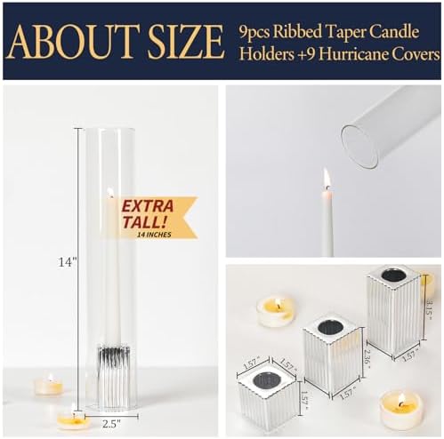 LETINE Hurricane Candle Holders with Silver Ribbed Taper Candle Holders Set of 9 (14")– Bulk Windproof Taper Candle Hurricane Glass for Outdoor&Indoors Wedding Centerpiece, Event & Home Decor - Image 2
