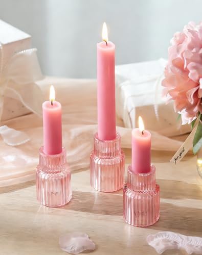 Romadedi 2-Pack Pink Ribbed Glass Taper Candle Holders, 2.76 in - Image 4