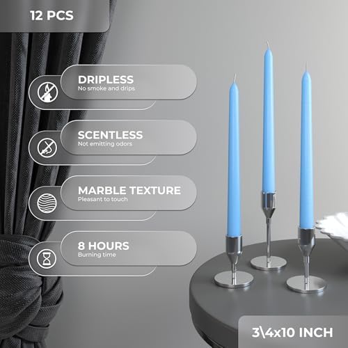 CANDWAX Light Blue 10 inch Taper Candles Set of 12 - Unscented Smokeless Dripless Tall Candlesticks - Perfect for Special Occasions, Ordinary Dinners and as Easter Candles - Light Blue Candle Sticks - Image 4