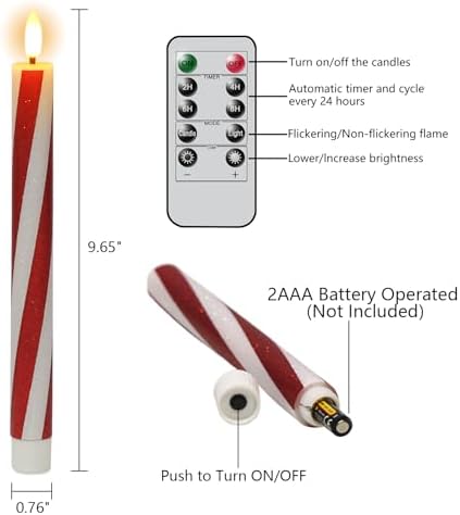 Candy Cane Flameless Taper Candles Battery Operated Remote Timer - Image 2