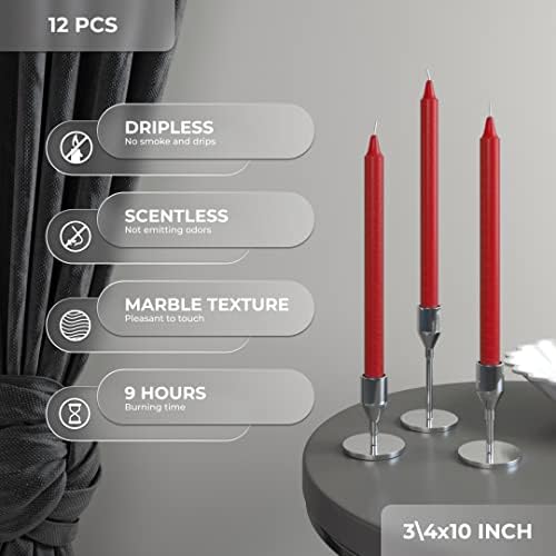 CANDWAX Red Taper Candles Pack of 12 - Slow Burning Dripless Unscented Straight Candles 10 inch - Ideal for Dinner Table - Smokeless Long Candlesticks - Image 2