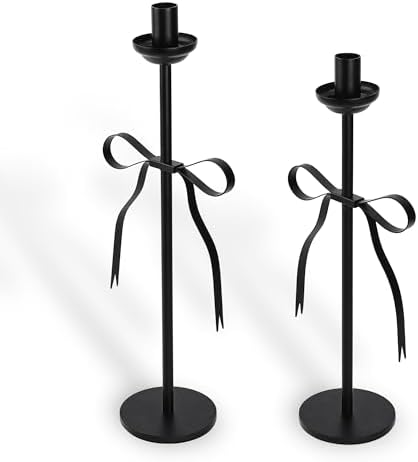 Black Bow Taper Candle Holders Set of 2, Modern Metal Stands by Nacidooka