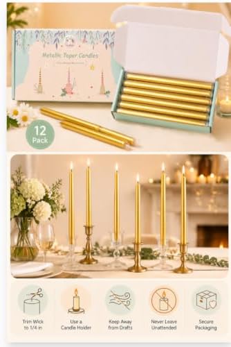 10 Inch Metallic Gold Taper Candles - Set of 12, 7-8 Hrs Long Burning, Dripless Smokeless Unscented Candlesticks, Premium Wax Blend for Wedding Christmas Dinner Parties and Luxury Home Decor - Image 7