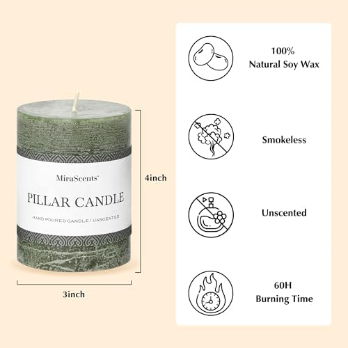 3x4 Inch Moss Green Pillar Candles Set of 3 - Unscented Spring Candles, Long Clean Burning, Large Big Candle, Smokeless Dripless Candle for Home Decor, Dinner Table, Bathroom, Rustic Decor - Image 5