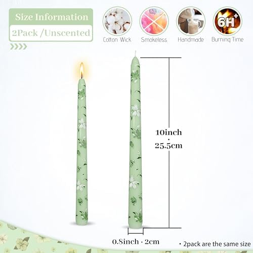 2 Set Light Green White Flower Taper Candles -10 Inch Unscented Exquisite Birthday Gifts Perfect for Valentine's Day Dinner Party Wedding Anniversary - Image 2