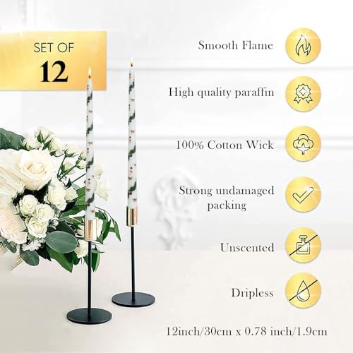 Long Candlesticks White Taper Candles 12 inch Unscented dripless Candle for Wedding Advent Home Decor Dinner Christmas，Set of 12,PrintB - Image 6
