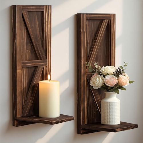 Wall Candle Holders Set of 2, Farmhouse Brown Wood Sconces, 15.7"x5" by Treory