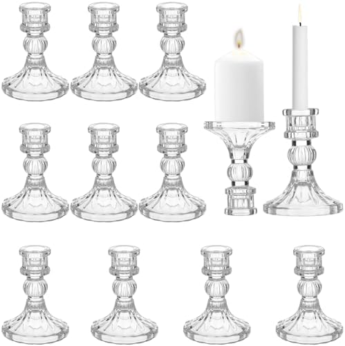 12 PCS Clear Glass Taper Candle Holders, Ribbed Striped Candlestick Holders 4 in, Heavy Base Small Centerpieces for Wedding Table Decor, Party, Holiday, Mantel and Windowsill by OMISTAR