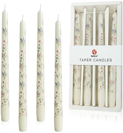 Hyacinth Printed Taper Candle Dripless Candles Sticks - 4 pcs Handmade White Taper Candle 10 inches Long Tapered Candles for Home Party Wedding Restaurant Holiday Decor by XINAOBAOLUO