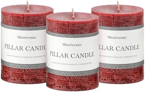 3x4 Inch Burgundy Pillar Candles Set of 3 - Hand-Poured Unscented Candles, Long Clean Burning, Dark Red Pillar Candle, Smokeless Dripless Candle for Dinner Table, Wedding, Home, Rustic Decor by MiraScents