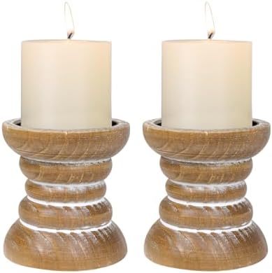 Candle Holder for Pillar Candle Set of 2, Farmhouse Wood Candle Holder, Rustic Wooden Candle Stand, Vintage Small Wooden Candlestick Holders for Living Room, Table Centerpiece, Brown by CEDARLUX
