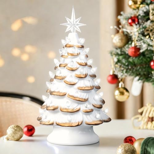 Sunlit 13'' Cordless Lighted Ceramic Christmas Tree Vintage Tabletop Christmas Decoration Pre-Lit Colorful Mini Light Bulbs Traditional AA Battery Operated LED - White and Gold by Sunlit