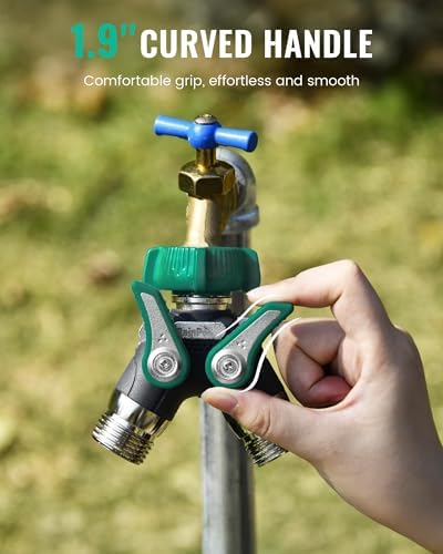 RAINPOINT Garden Hose Splitter, 2 Way Heavy Duty Water Hose Y Spigot Splitter with Shutoff Valves, 100% Metal Body Outdoor Faucet Splitter, 1.9" Extra Long Metal Handle (1, Deep Green) - Image 5