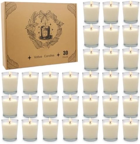 30 Packs Unscented White Votive Candles in Glass, Small Soy Wax Votives for Wedding Party Dinner Table, 1.7" W x 2" H by Unknown