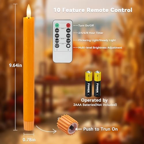 Orange Flameless Taper Candles with Remote and Timer, 9.65" Real Wax LED Candlesticks, Battery Operated Autumn Candles with 3D Flickering Flame, Thanksgiving & Halloween Table Decor, 3 Pack - Image 2