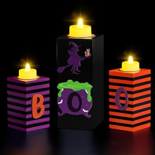BlcTec Halloween Decorations, 3 PCS Halloween Wood Candle Holders with LED Tea Lights & 3D Carving Craft, Boo Wood Candle Centerpieces for Home, Table, Office, Tiered Tray, Shelf Décor, Witch Color by BlcTec