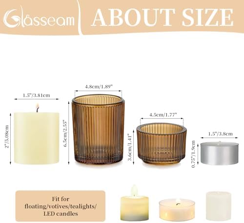 Glasseam Glass Votive Candle Holders: 8 Pcs Amber Ribbed Tealight for Table - Image 5