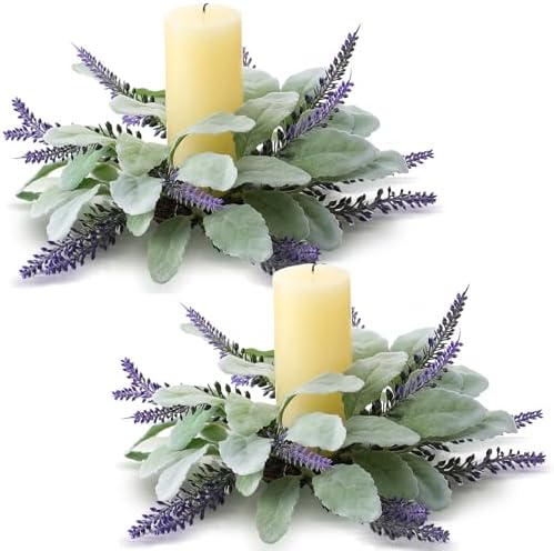 Daifunli 2 Pcs Christmas Candle Rings Lambs Ear Lavender Wreaths for Pillar 3.9 Inch Lambs Ear Lavender Candles Holder for Winter Christmas Xmas Wedding Home Rustic Table Centerpiece Decor by Huiinen