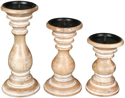 Pillar Candle Holders Set of 3 (10",8" & 6" Height)_White Wash,Candle Holder in Mango Real Wood,Decorative Candle Holders for Table Centerpiece, Wedding, Party, Home Décor, spa, Farmhouse, Gifting - Image 5