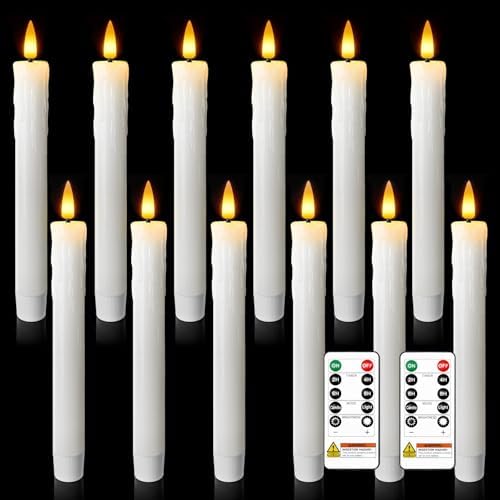 7 Inches Dripless Flameless Taper Candles with Remote Timer Dimmer, Real Wax Battery Candlesticks, 3D Flame Fake Candlesticks for Home Wedding Christmas Decor, White, 12 Pcs by meigic