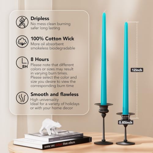 New Burning Formula Unscented Dripless 12-Inch Taper Candles Set of 12 - Turquoise, for Wedding, Dinner - Smokeless, Long Burning - Hand Poured, Colored Tall Candlesticks - Turquesa - Image 2