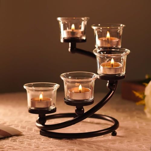 2Pcs Black 5-arm Metal & Glass Tea Light Candle Holders for Table Centerpiece, Glass Votive Tealight Holders/Candelabra Candlestick Holders for Wedding,Party, Anniversary,Christmas - Image 6
