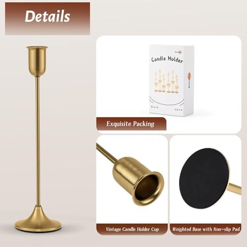 Gold Candlestick Holders, Brass Metal Taper Candle Stick Holders Set of 3 - Image 3