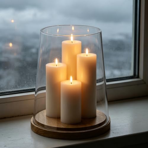 8" Wide Glass Hurricane Candle Holders with Handmade Sturdy Glass Sleeves and Natural Wood Base for Pillar Candle & Plants, Industrial, Farmhouse, Display Cloche Bell Jars, Table Centerpiece - Image 3