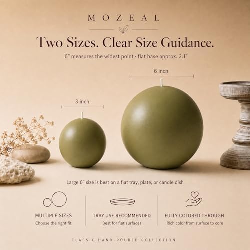 MOZEAL Hand-Poured, 6 Inch Olive Green Large Round Ball Candles - Elegant Olive Green Round Pillar Candles, Dripless, Unscented, Smokeless, Ideal for Autumn Gatherings. - Image 2