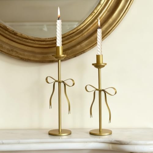 Gold Bow Taper Candle Holders Set of 2 Decorative Candle Stand - Image 2