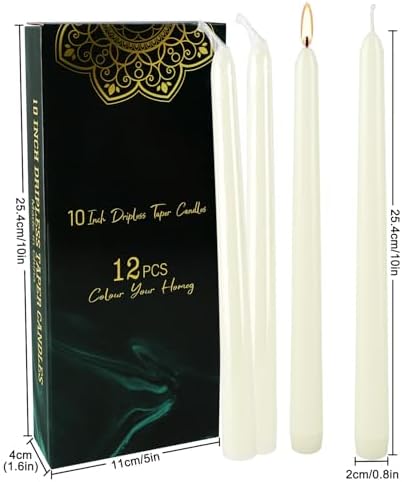 12 Pack Ivory Taper Candles 10 Inch, Dripless Smokeless Unscented Hand Poured Tall Candlesticks, 8-Hour Long Burning for Home Decor, Weddings, Christmas & Special Occasions - Image 3