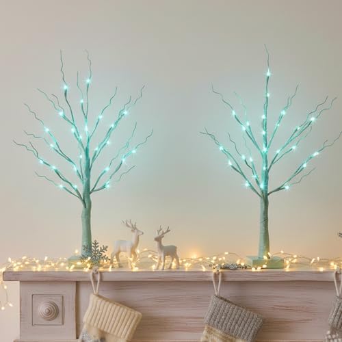 Blue-Green Trees Decor for Home, 2PK Tree Light Battery Powered Timer, Lighted Christmas Decorations Indoor, for Home Bedroom Living Room Fireplace Wedding Party New Year's Day and Christmas by PEIDUO
