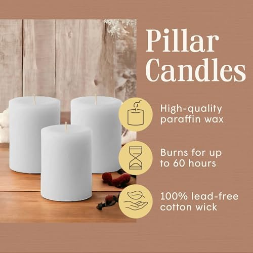 Mister Candle Dripless Unscented White Pillar Candles, Set of 3 Hand Poured Solid Color Non-Scented Candles for Home Decor, Premium Wax, 60 Hr Burn Time - 3x4 Inch, White - Image 3