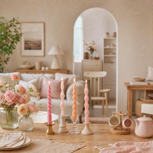 4 Pack Twisted Taper Candles Unscented Dripless Spiral Candlesticks Smokeless Swirl Wax Colorful Decorative Candle Sticks for Wedding Dinner Party Home Decor (Pastel Pink Yellow, 7.8 inch) - Image 6