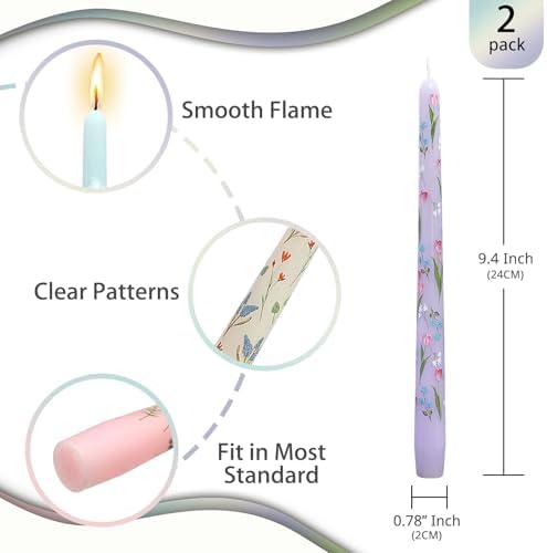 NJAO HOO Flower Candlesticks 10 in Straight Taper Candles Hand Printing Colored Candlesticks Floral Tall Tapered Candle for Spring Home Garden Decor Simple Modern, 5Pcs - Image 3