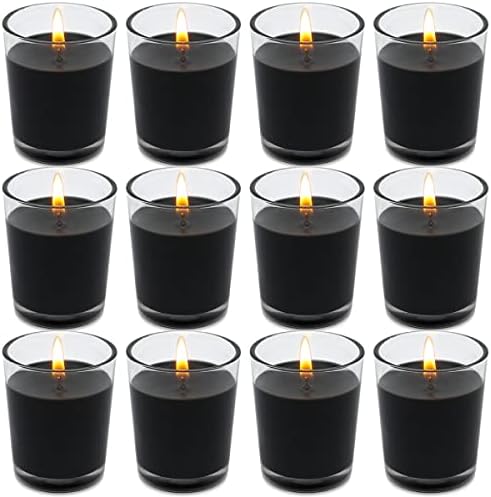Set of 12 Black Votive Candles for Halloween Pumpkin, Clear Glass Filled Unscented Soy Wax Candle for Dinner, Parties, Home Decorations and DIY by BERYSCEN